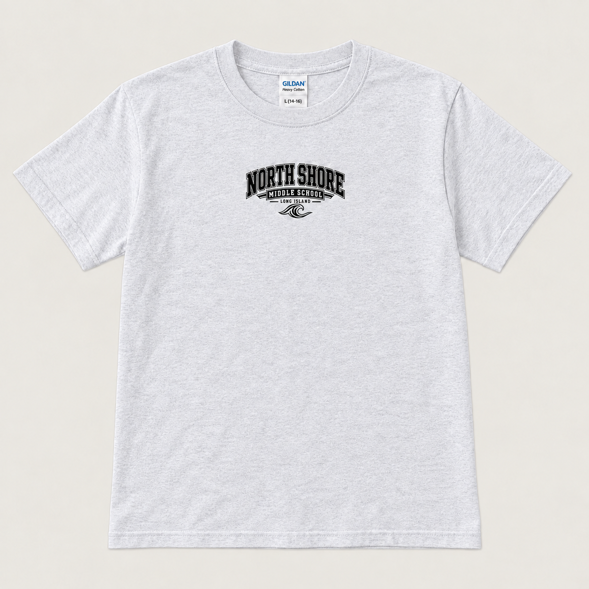 North Shore Middle School Varsity Wave student tee, Ash; youth fit digital mockup