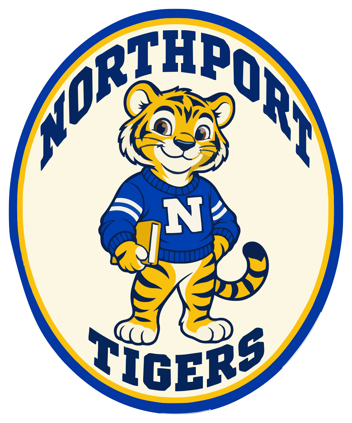 Northport Book Tiger artwork detail — flat printed crest