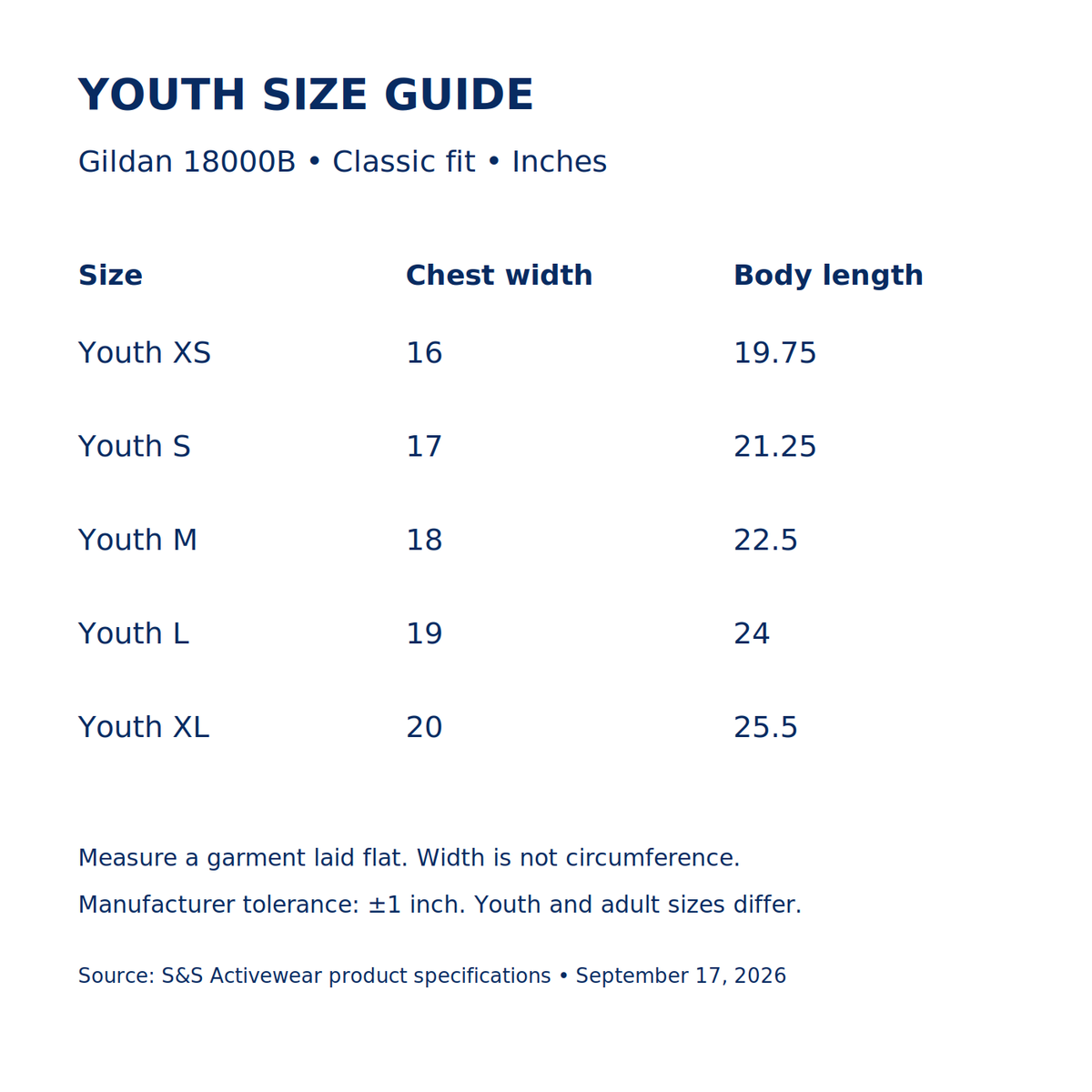 Manufacturer youth garment measurements in inches, Gildan 18000B