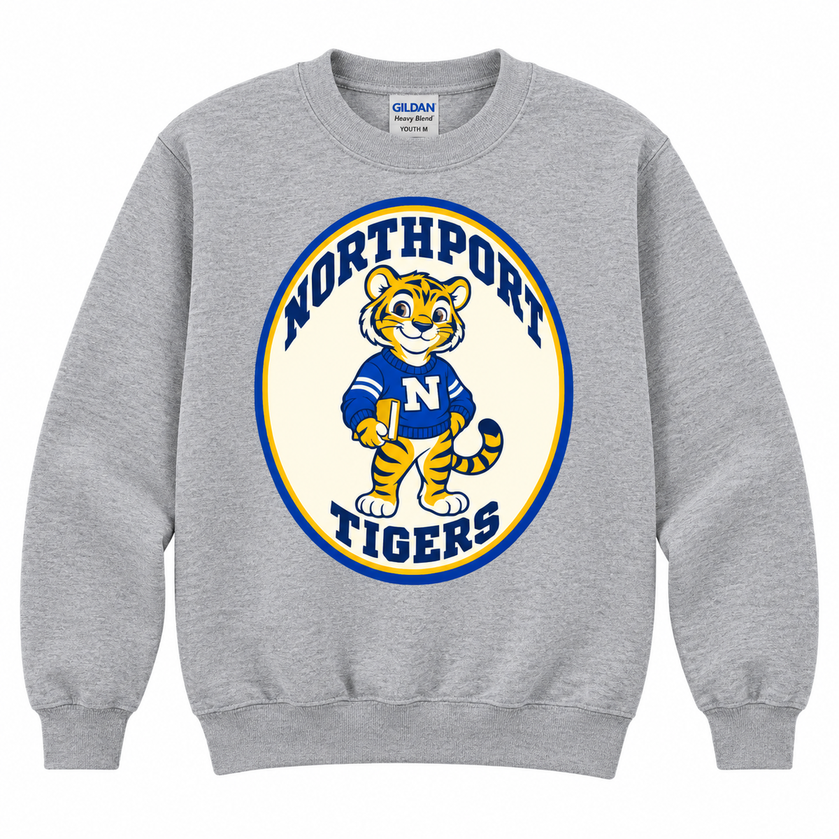 Northport Book Tiger youth crewneck Grey view — digital mockup
