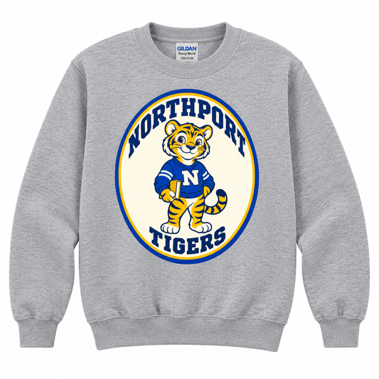 Northport Book Tiger youth crewneck Grey view — digital mockup