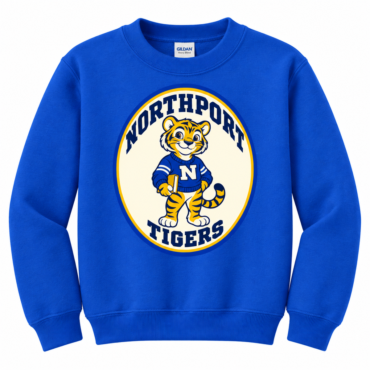 Northport Book Tiger youth crewneck Royal view — digital mockup