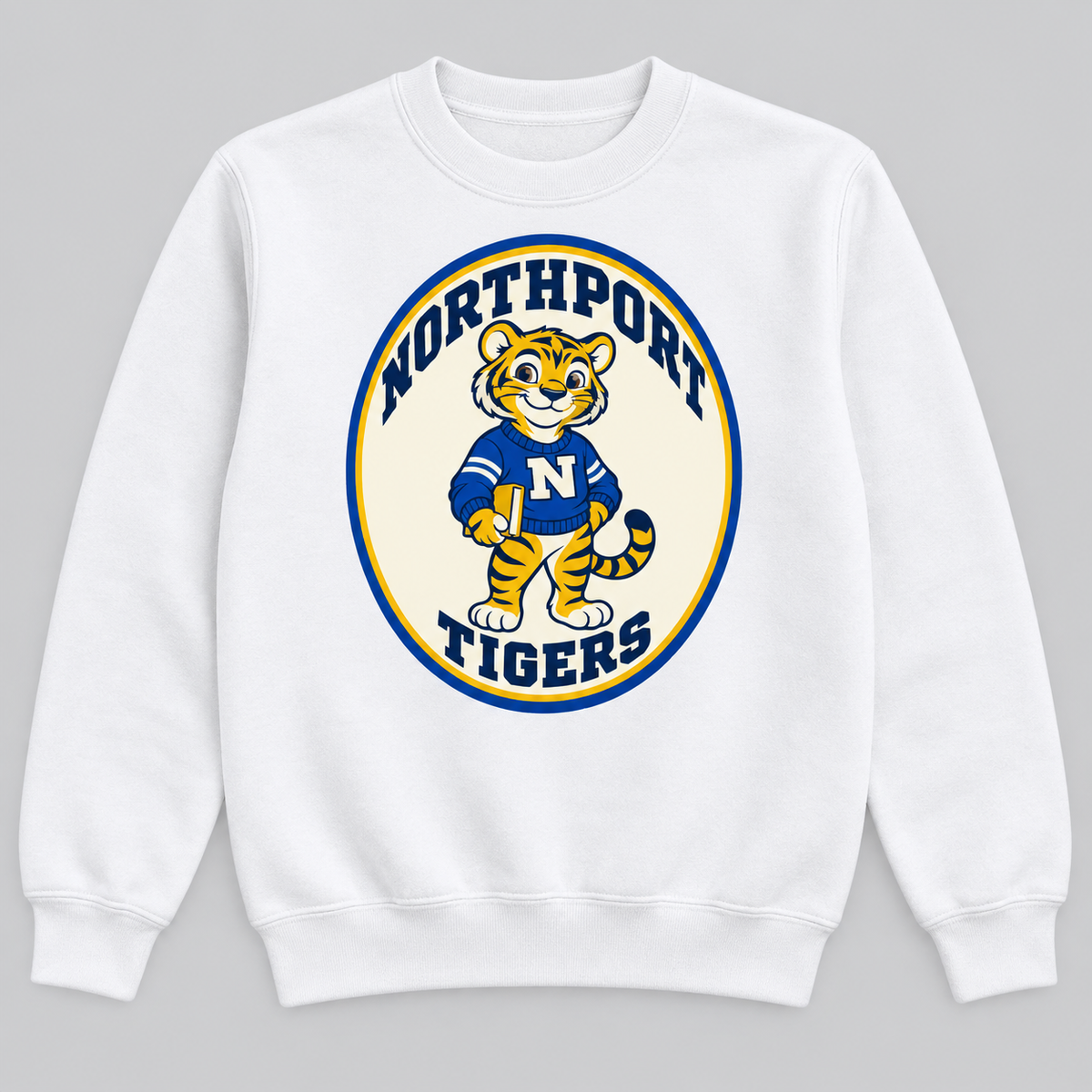 Northport Book Tiger youth crewneck White view — digital mockup