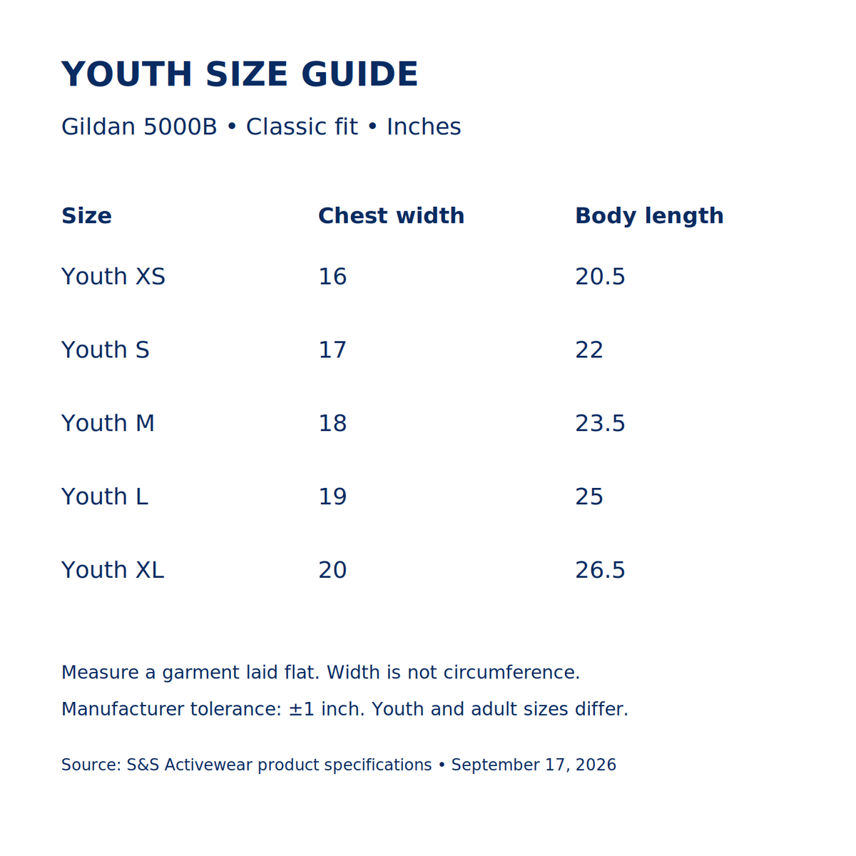 Manufacturer youth garment measurements in inches, Gildan 5000B