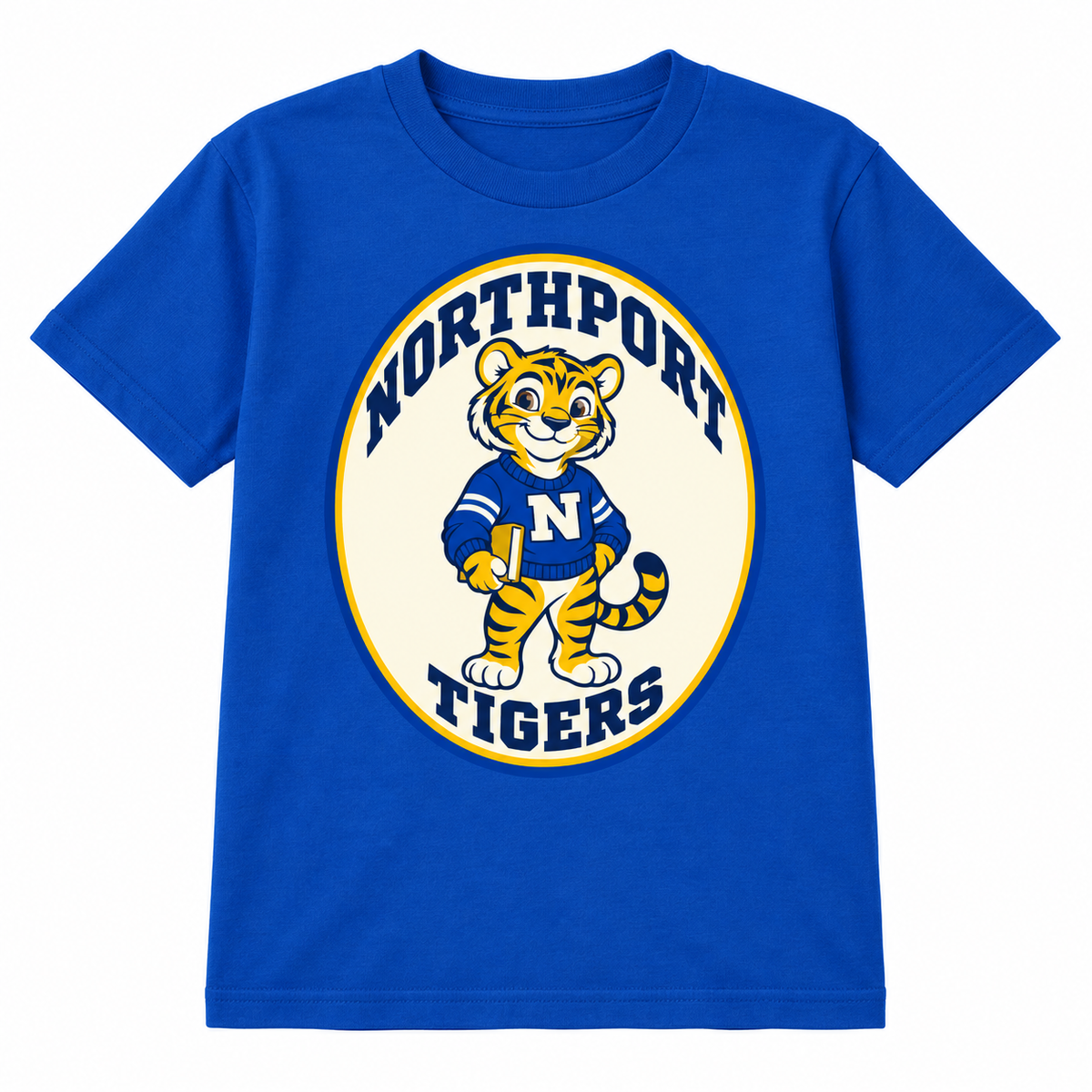 Northport Book Tiger youth T-shirt Royal view — digital mockup