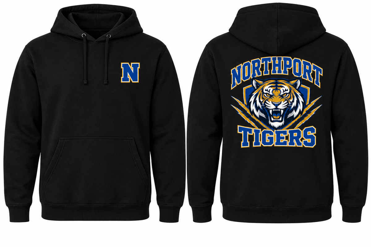 Northport Tigers black hoodie front and back concept