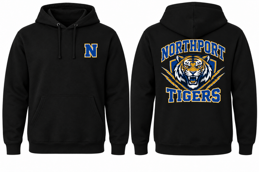 Northport Tigers black hoodie front and back concept
