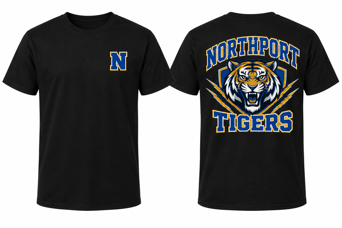 Northport Tigers black tee front and back concept