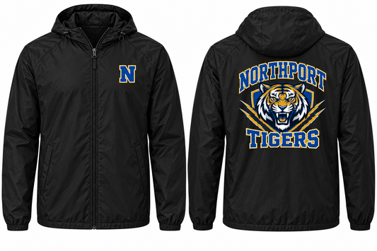 Northport Tigers Varsity Windbreaker — Black front and back