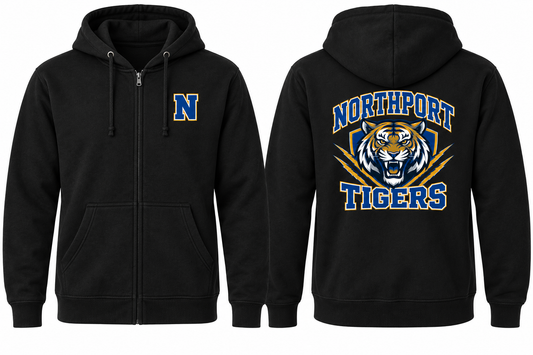 Northport Tigers Varsity Zip-Up Hoodie — Black front and back