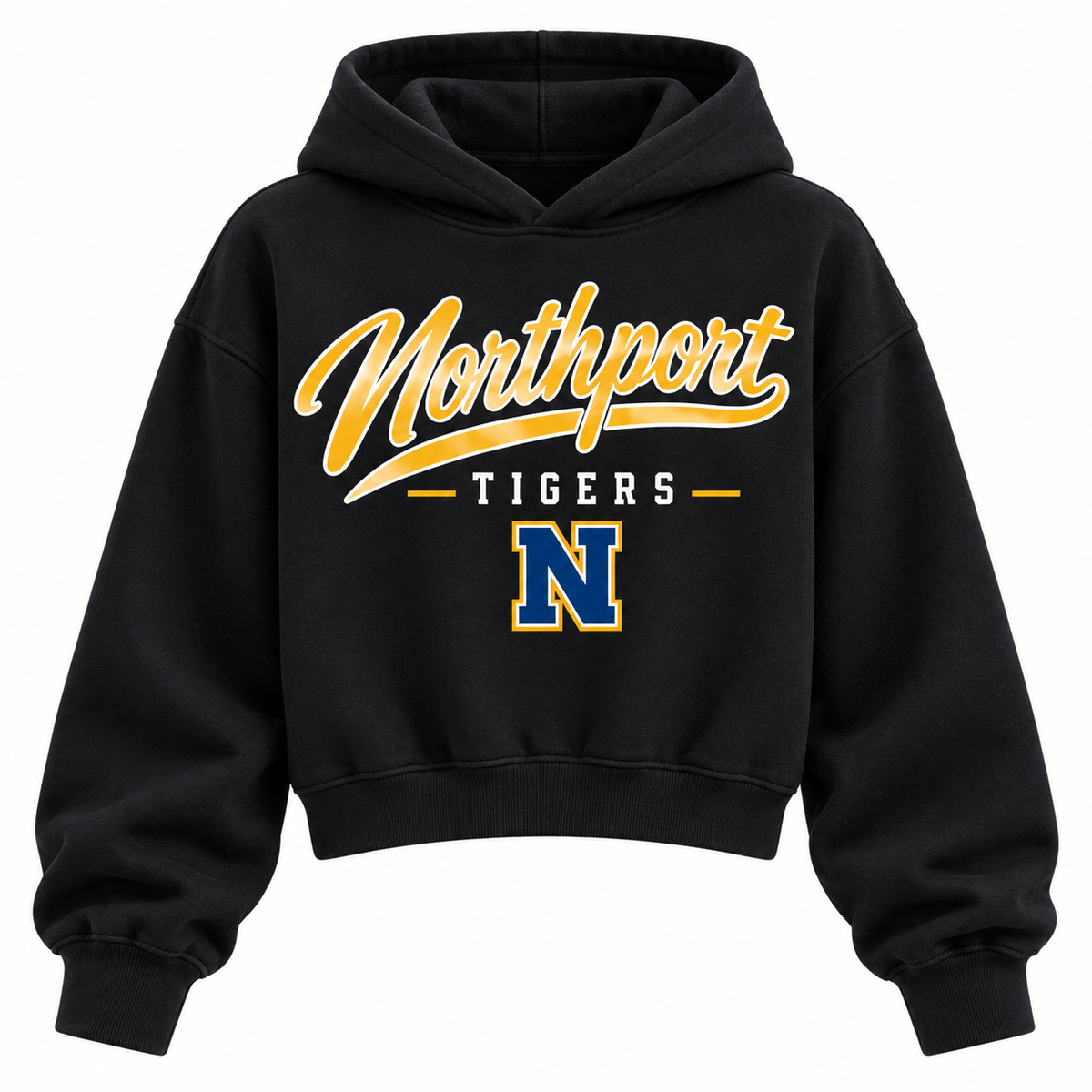 Northport Tigers black cropped hoodie with heritage school script and varsity monogram on front