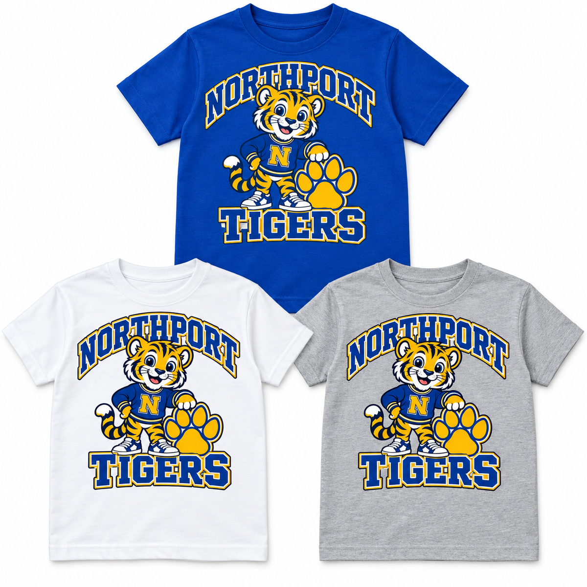 Northport Little Tigers Youth T-Shirt — three color choices; digital mockup