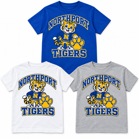 Northport Little Tigers Youth T-Shirt — three color choices; digital mockup