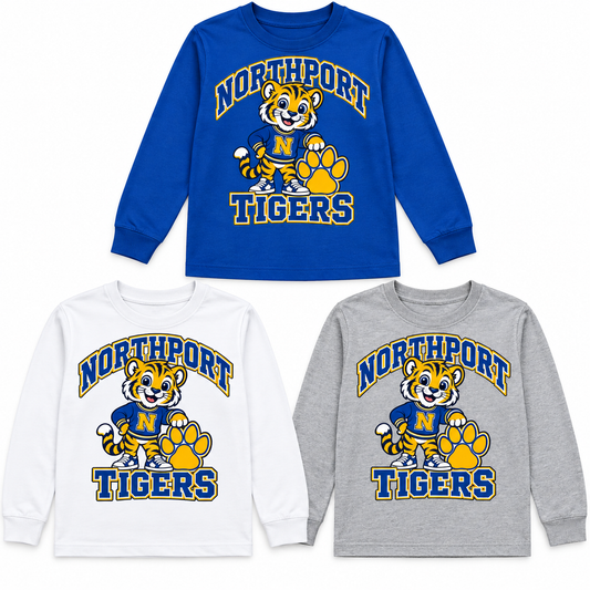 Northport Little Tigers Youth Long Sleeve — three color choices; digital mockup