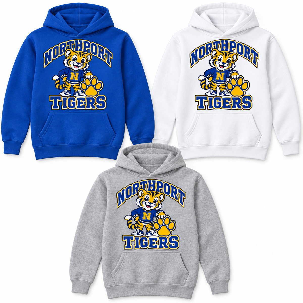 Northport Little Tigers Youth Hoodie — three color choices; digital mockup