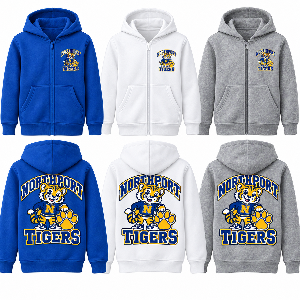 Northport Little Tigers Youth Zip-Up Hoodie — three color choices; digital mockup