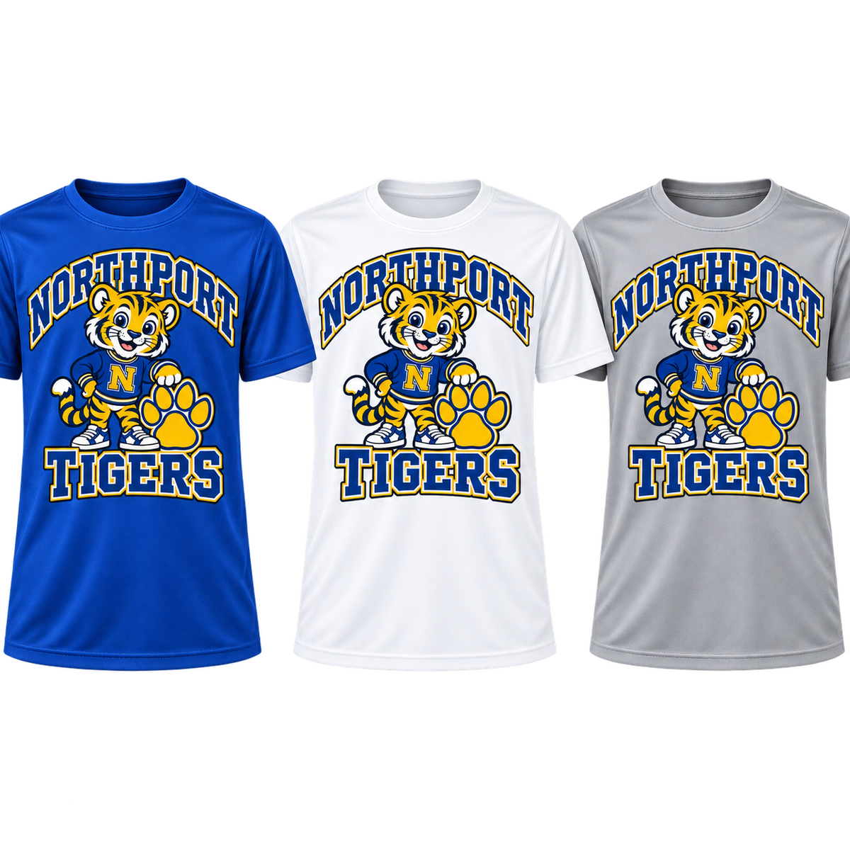 Northport Little Tigers Youth Performance T-Shirt — three color choices; digital mockup