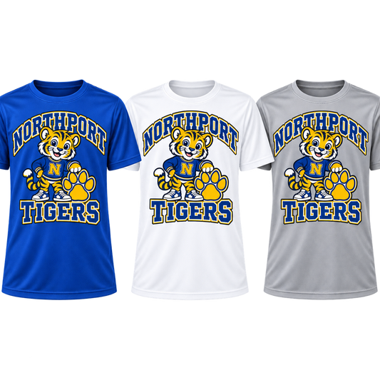 Northport Little Tigers Youth Performance T-Shirt — three color choices; digital mockup