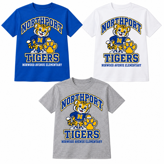 Northport Norwood Avenue Elementary Little Tigers Youth Tee — Royal Blue, White, Heather Gray digital mockups