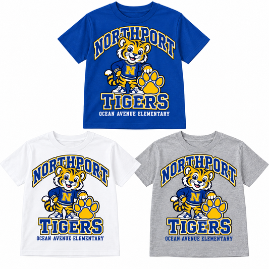 Northport Ocean Avenue Elementary Little Tigers Youth Tee — Royal Blue, White, Heather Gray digital mockups