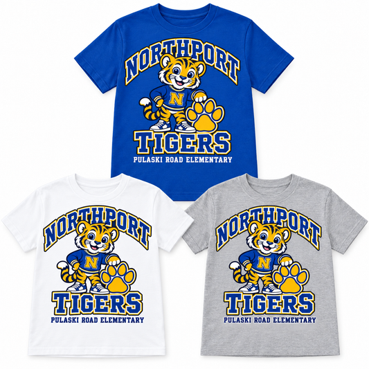 Northport Pulaski Road Elementary Little Tigers Youth Tee — Royal Blue, White, Heather Gray digital mockups