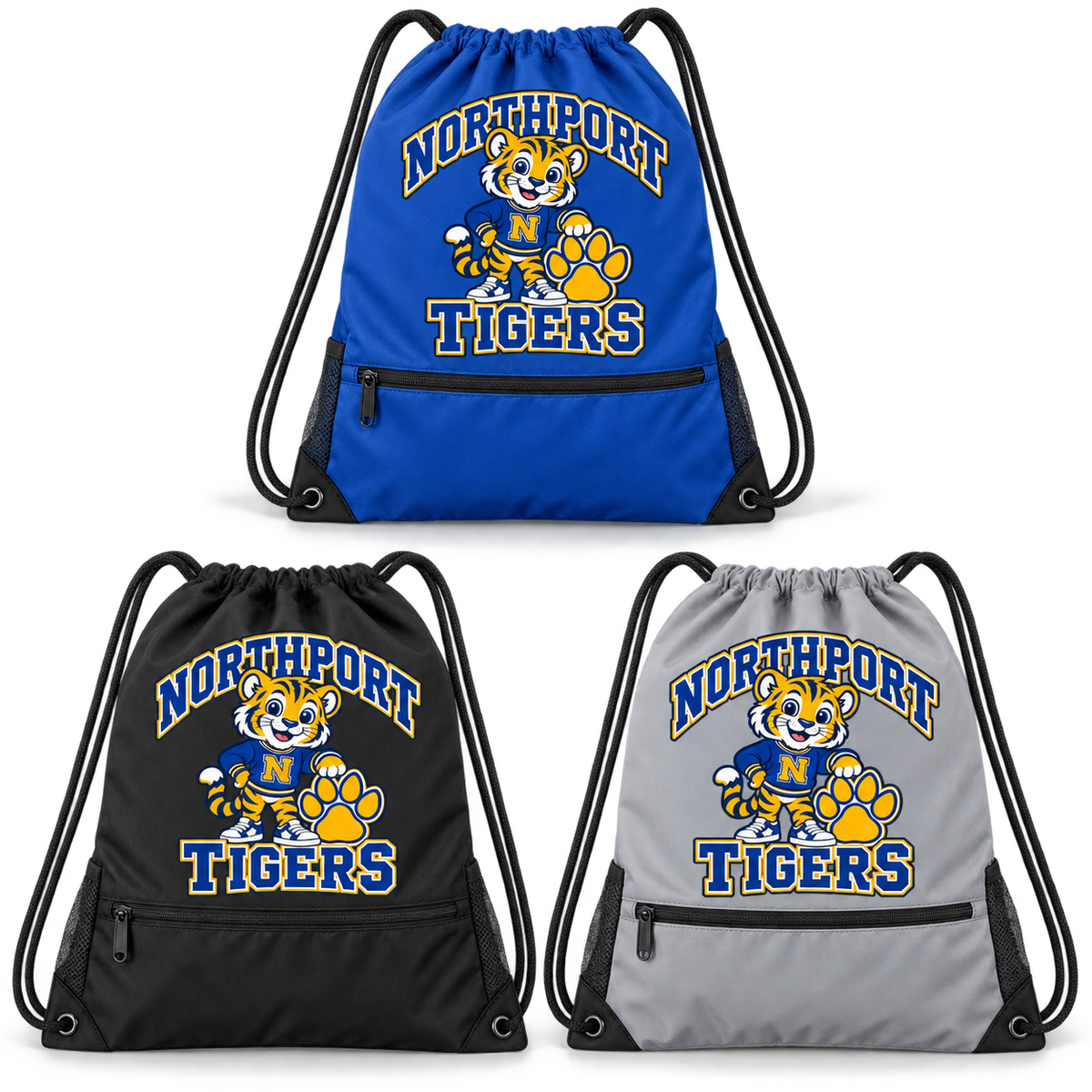 Northport Little Tigers Zip-Pocket Drawstring Bag — three color choices, digital mockup