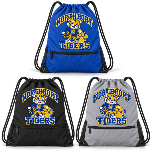 Northport Little Tigers Zip-Pocket Drawstring Bag — three color choices, digital mockup