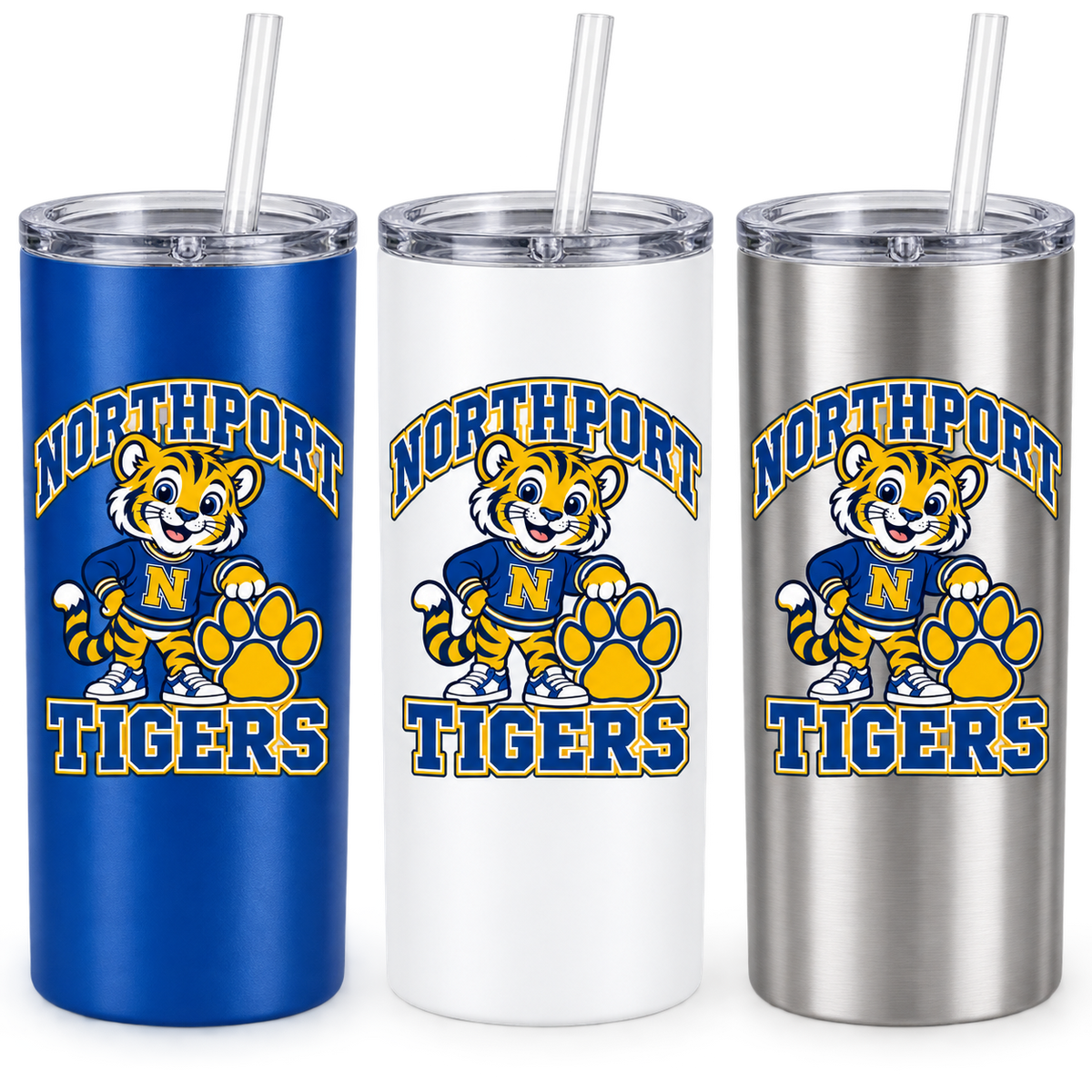 Northport Little Tigers 20 oz Straw Tumbler — three color choices, digital mockup
