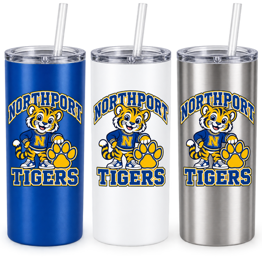 Northport Little Tigers 20 oz Straw Tumbler — three color choices, digital mockup