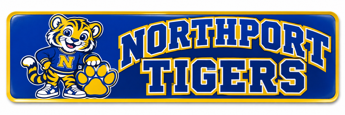 Northport Little Tigers blue-and-gold bumper sticker design