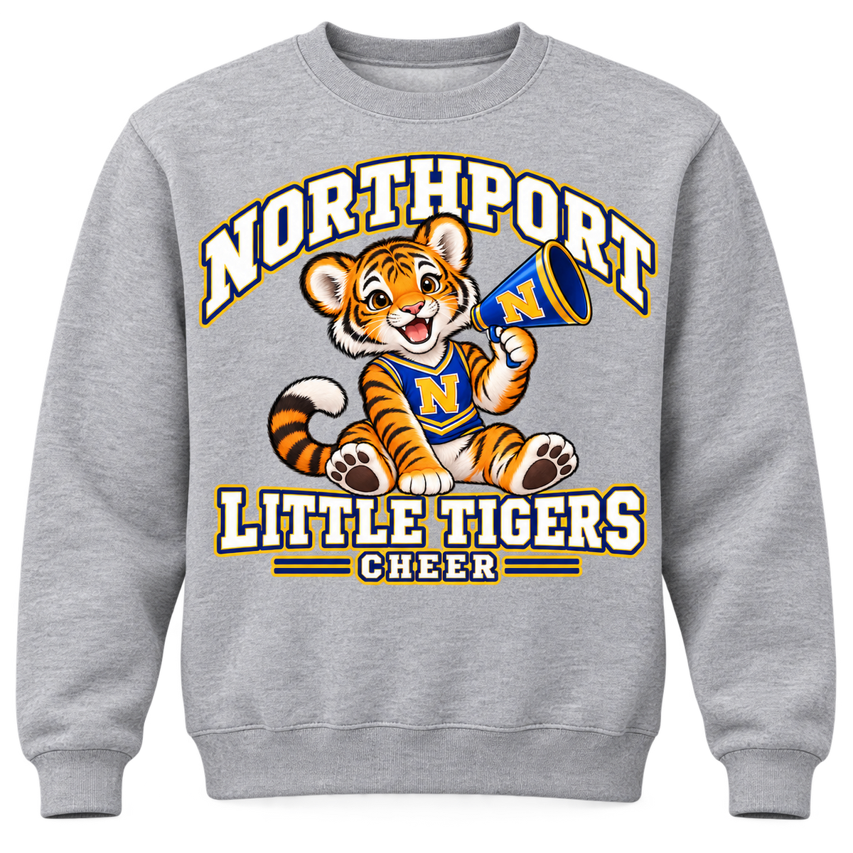 Northport Little Tigers Cheer Adult Crewneck Sweatshirt — Heather Gray with collegiate tiger artwork and N megaphone