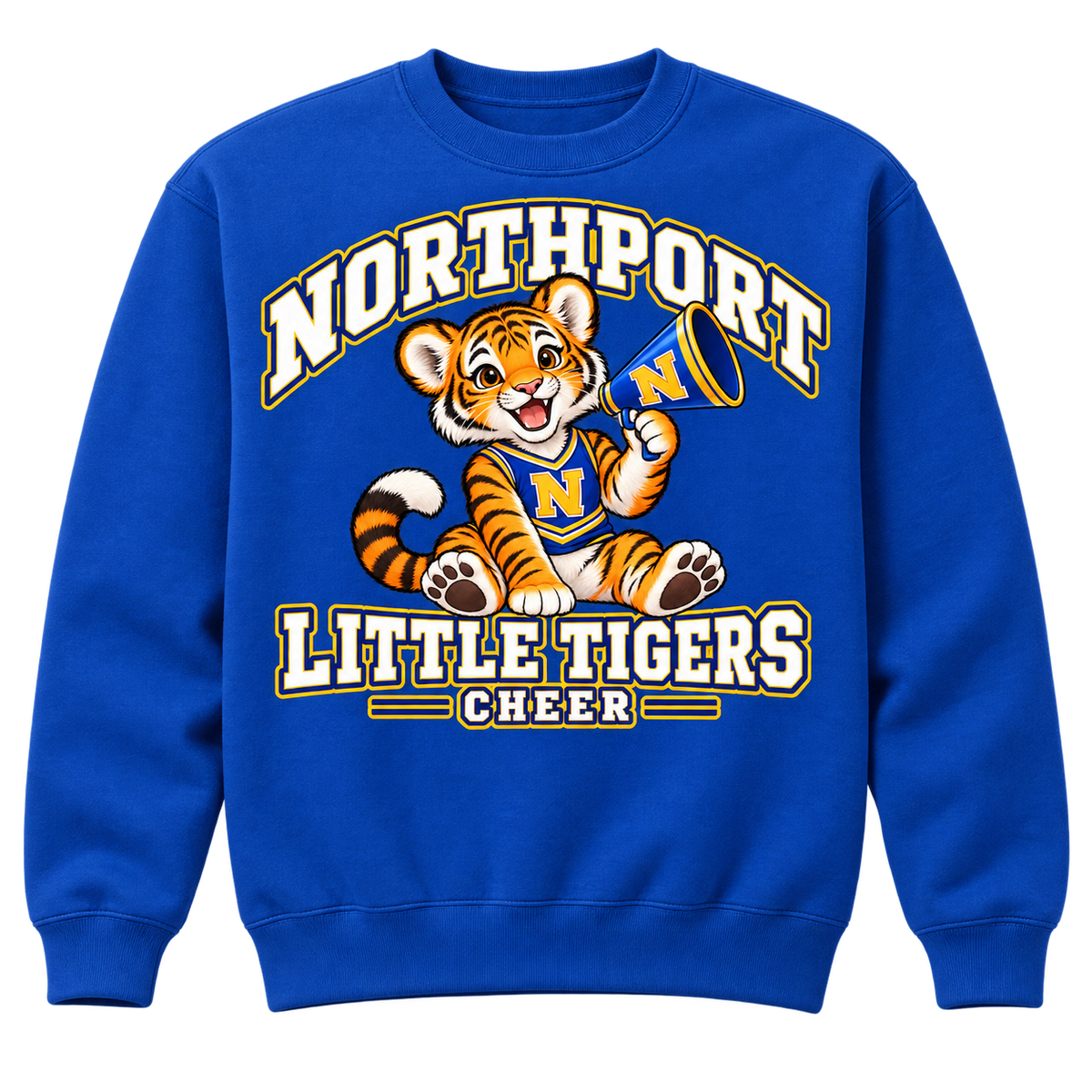 Northport Little Tigers Cheer Adult Crewneck Sweatshirt — Royal with collegiate tiger artwork and N megaphone