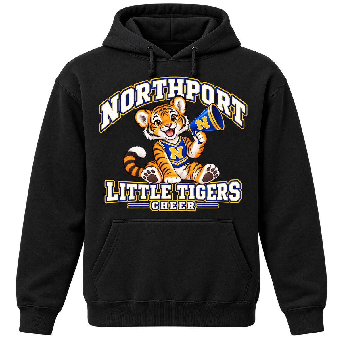 Northport Little Tigers Cheer Adult Pullover Hoodie — Black with collegiate tiger artwork and N megaphone