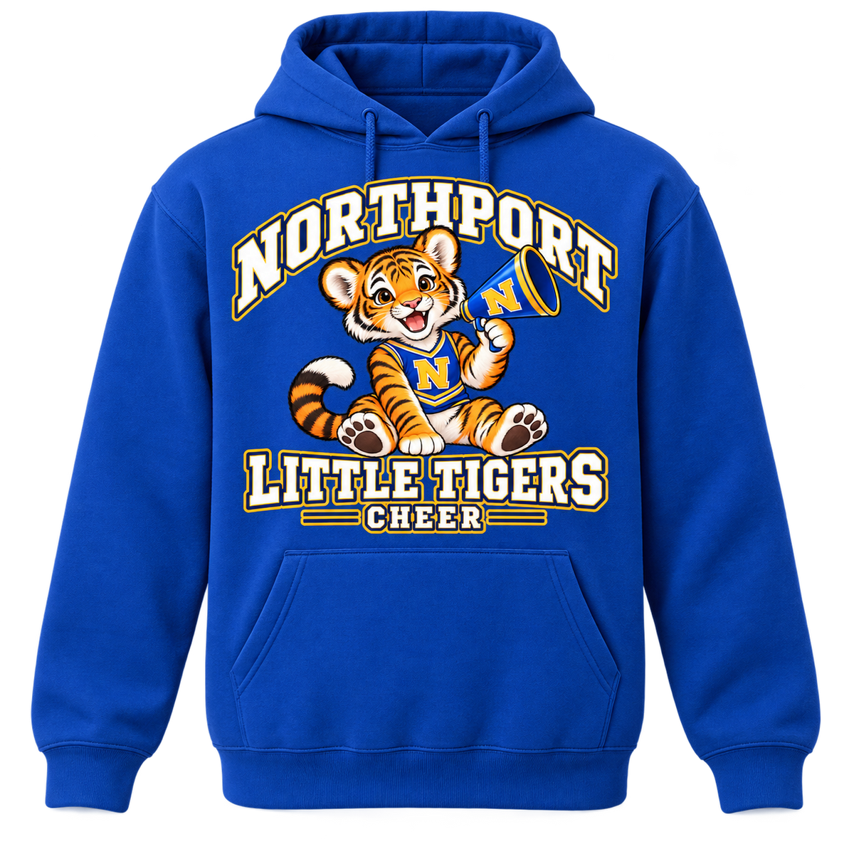 Northport Little Tigers Cheer Adult Pullover Hoodie — Royal with collegiate tiger artwork and N megaphone