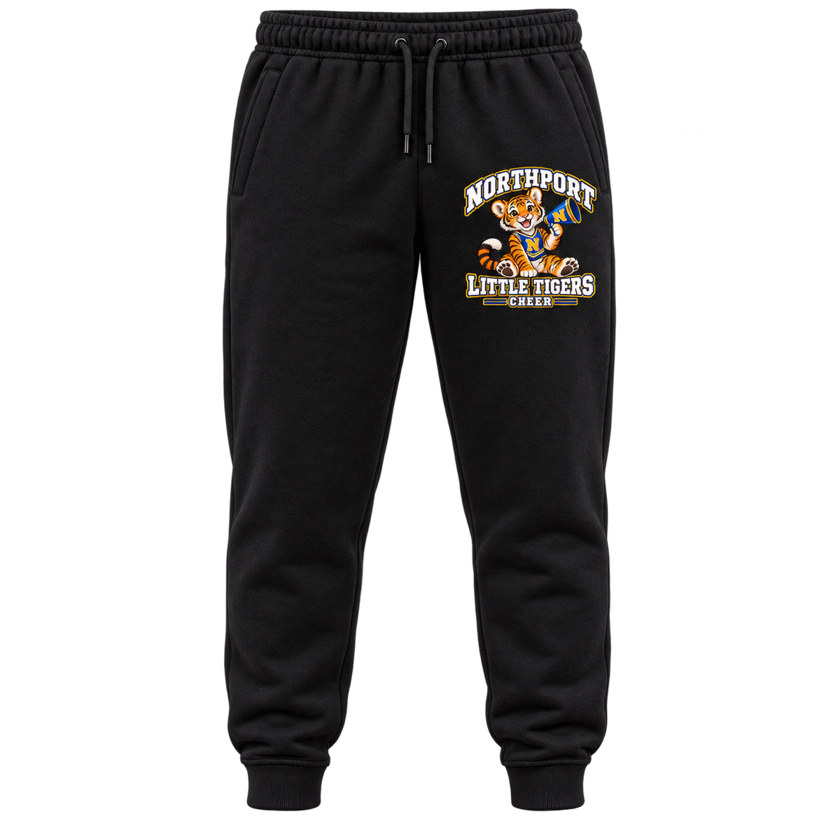 Northport Little Tigers Cheer Adult Joggers — Black with collegiate tiger artwork and N megaphone