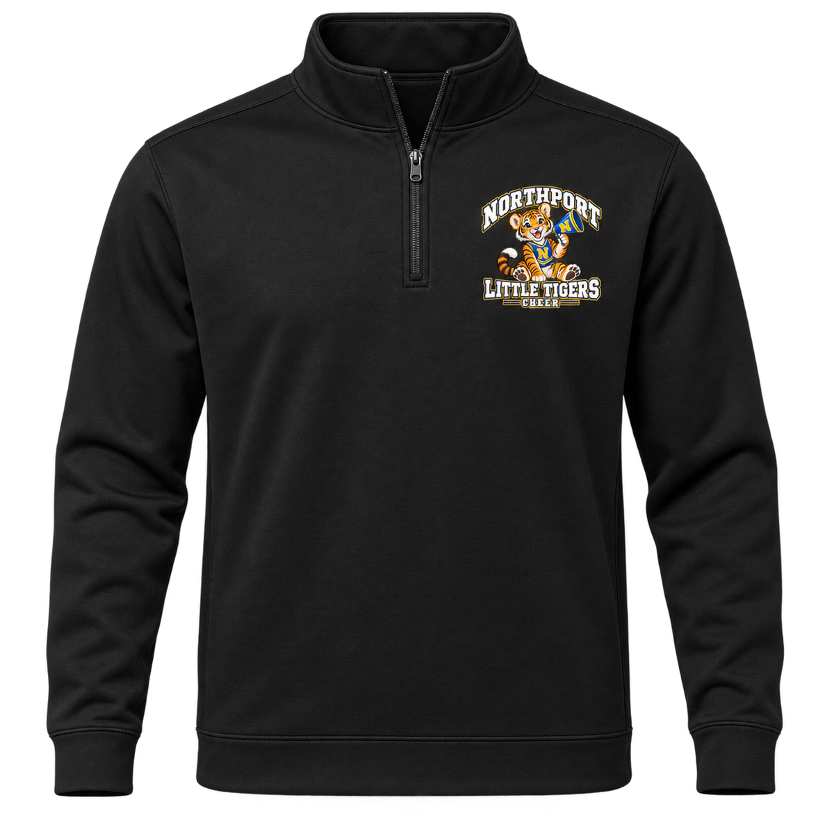 Northport Little Tigers Cheer Adult Quarter-Zip Pullover — Black with collegiate tiger artwork and N megaphone