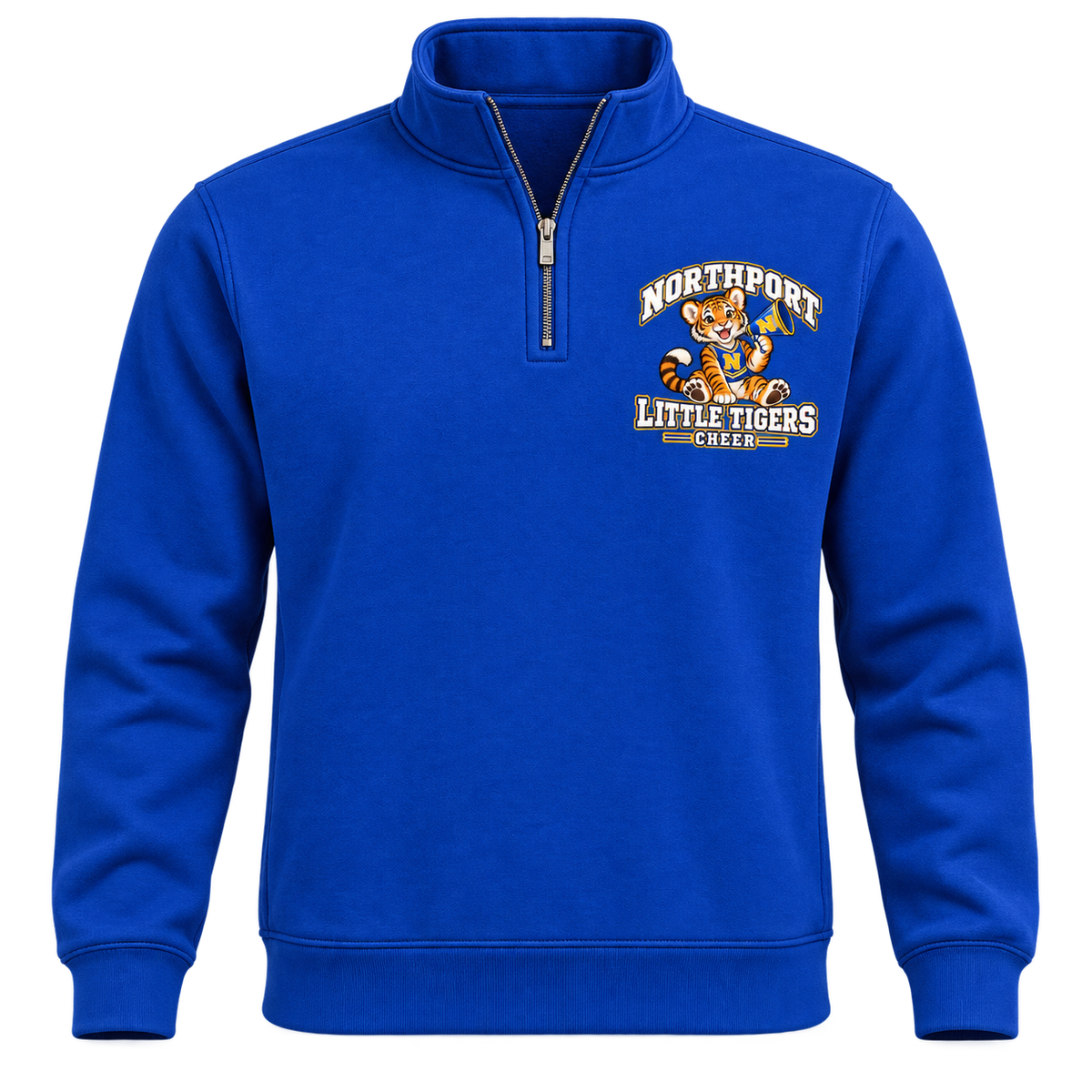 Northport Little Tigers Cheer Adult Quarter-Zip Pullover — Royal with collegiate tiger artwork and N megaphone