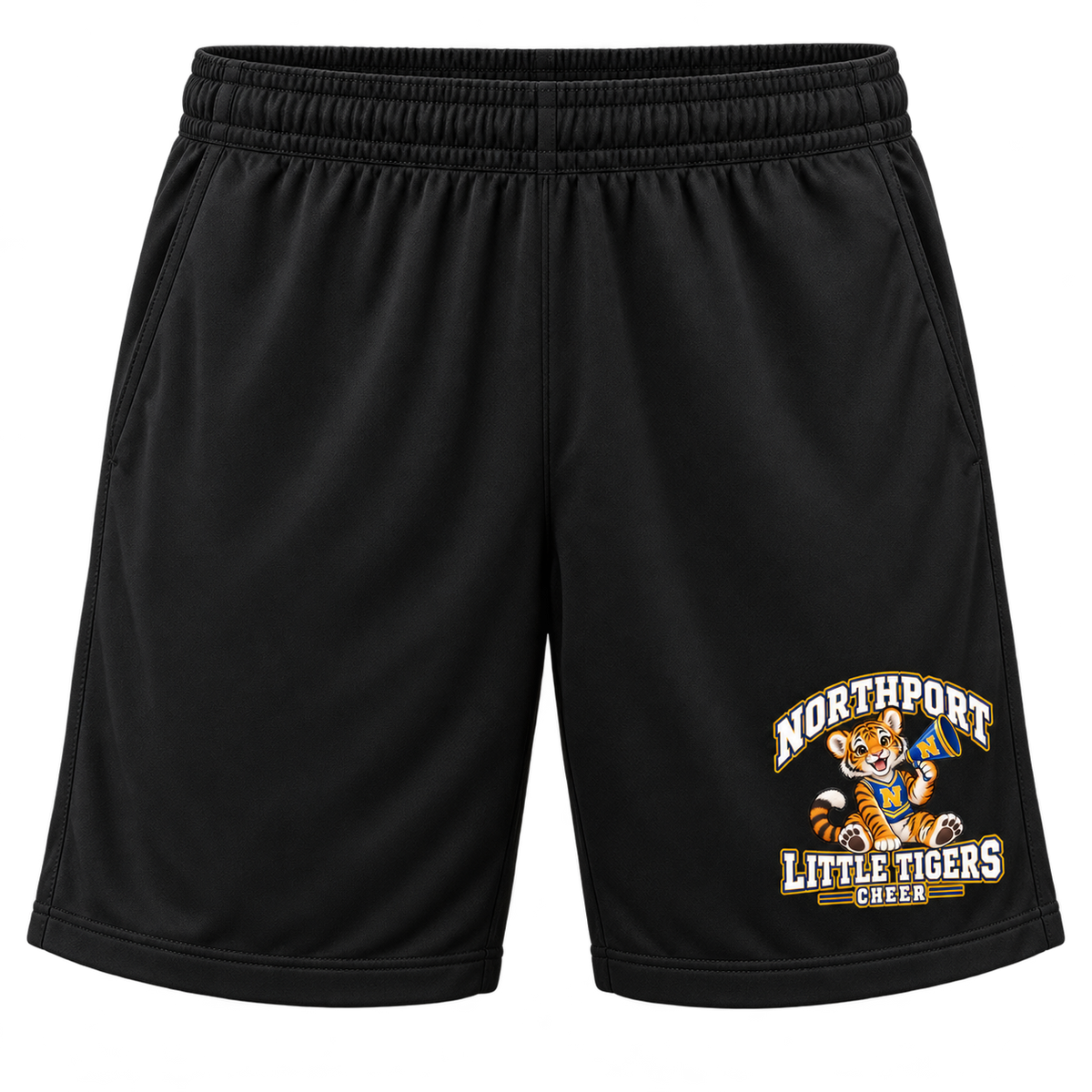 Northport Little Tigers Cheer Adult Athletic Shorts — Black with collegiate tiger artwork and N megaphone