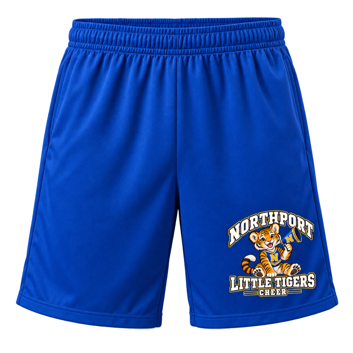 Northport Little Tigers Cheer Adult Athletic Shorts — Royal with collegiate tiger artwork and N megaphone