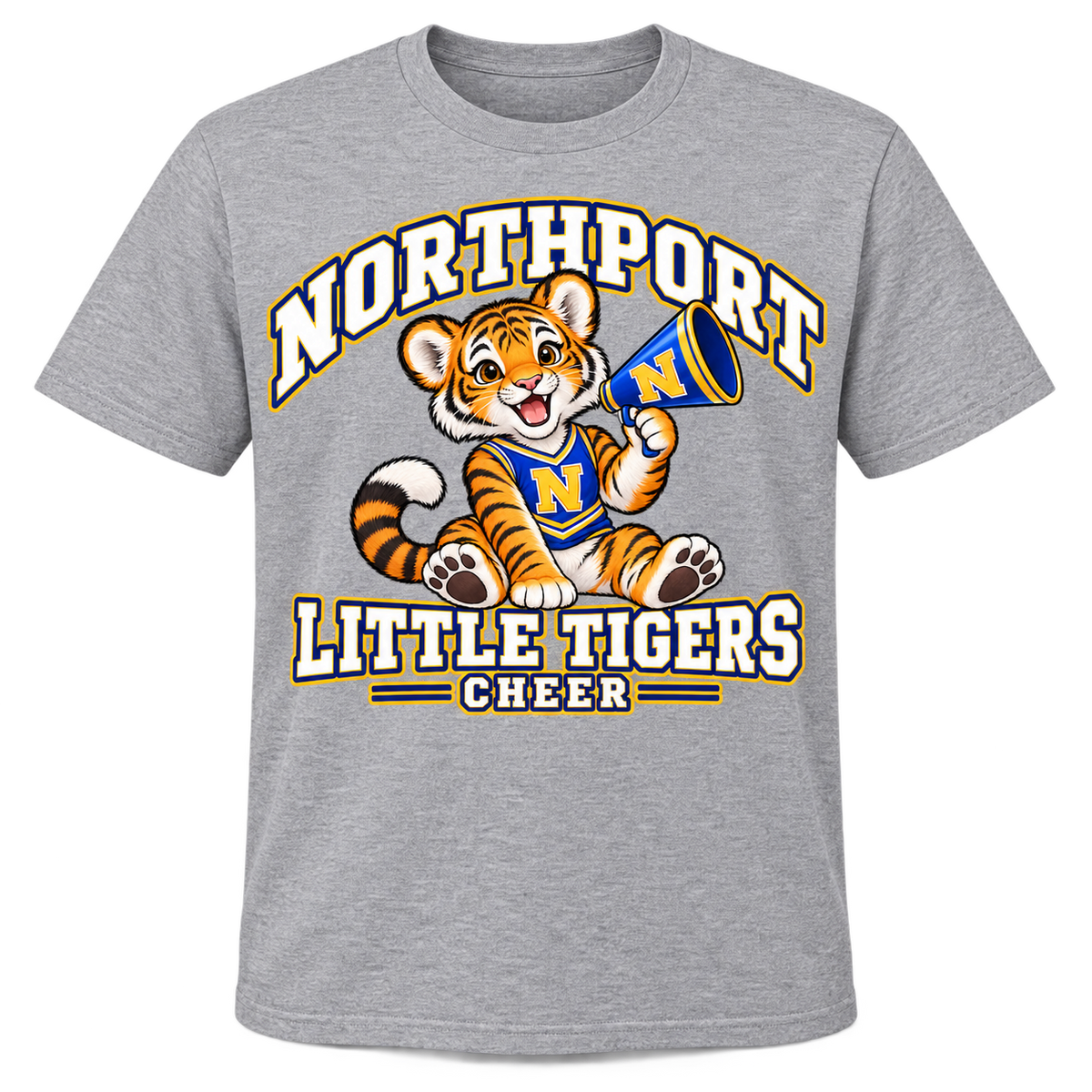 Northport Little Tigers Cheer adult T-shirt heather-gray with collegiate lettering and N megaphone
