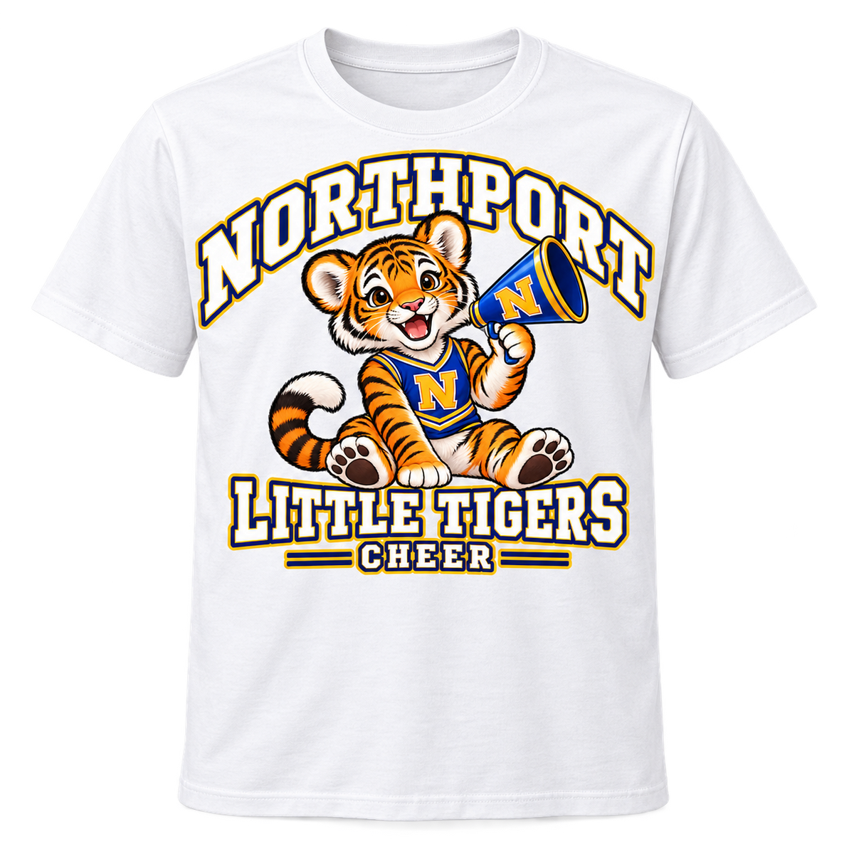 Northport Little Tigers Cheer adult T-shirt white with collegiate lettering and N megaphone