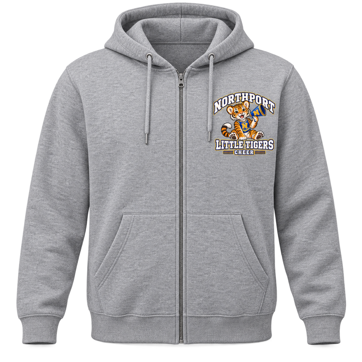 Northport Little Tigers Cheer Adult Full-Zip Hoodie — Heather Gray with collegiate tiger artwork and N megaphone