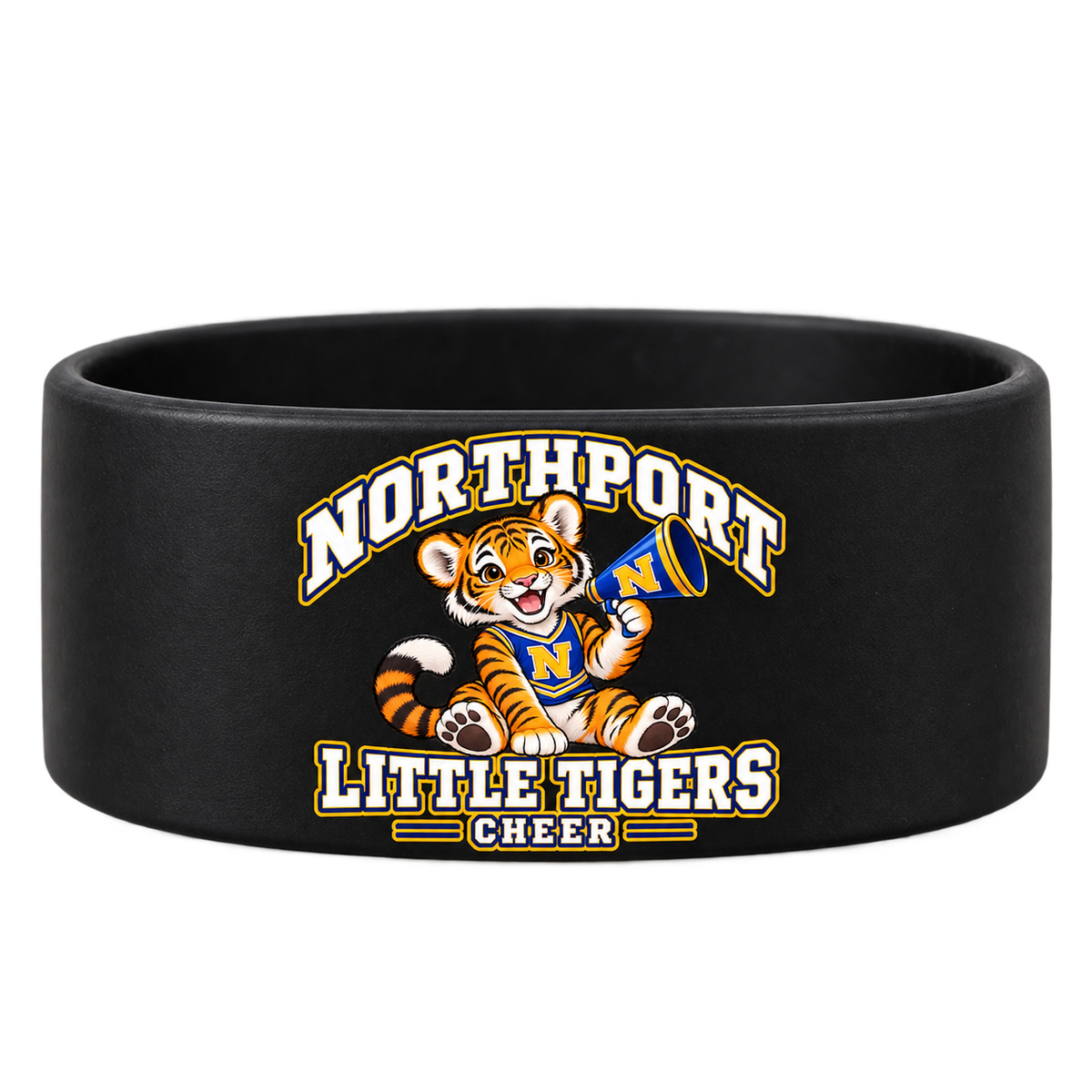 Northport Little Tigers Cheer Spirit Wristband — Black with collegiate tiger artwork and N megaphone