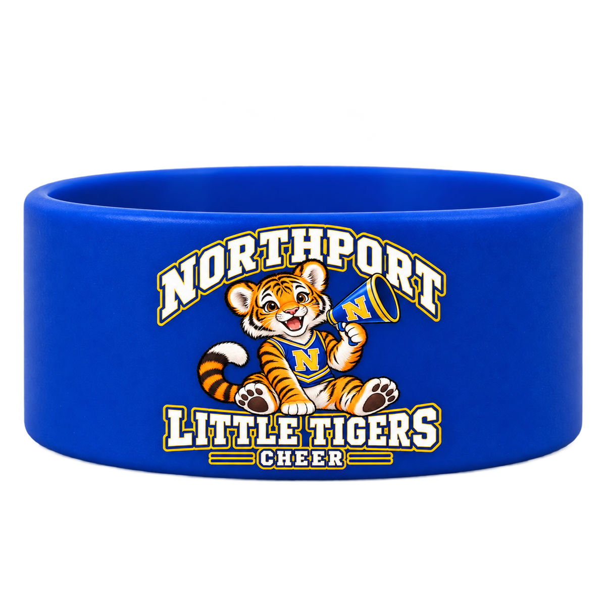 Northport Little Tigers Cheer Spirit Wristband — Royal with collegiate tiger artwork and N megaphone