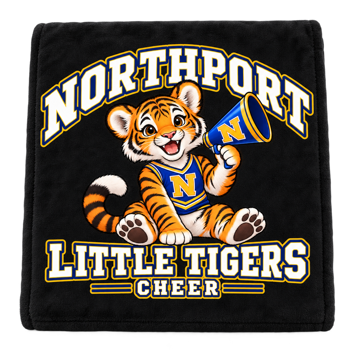 Northport Little Tigers Cheer Fleece Blanket — Black with collegiate tiger artwork and N megaphone