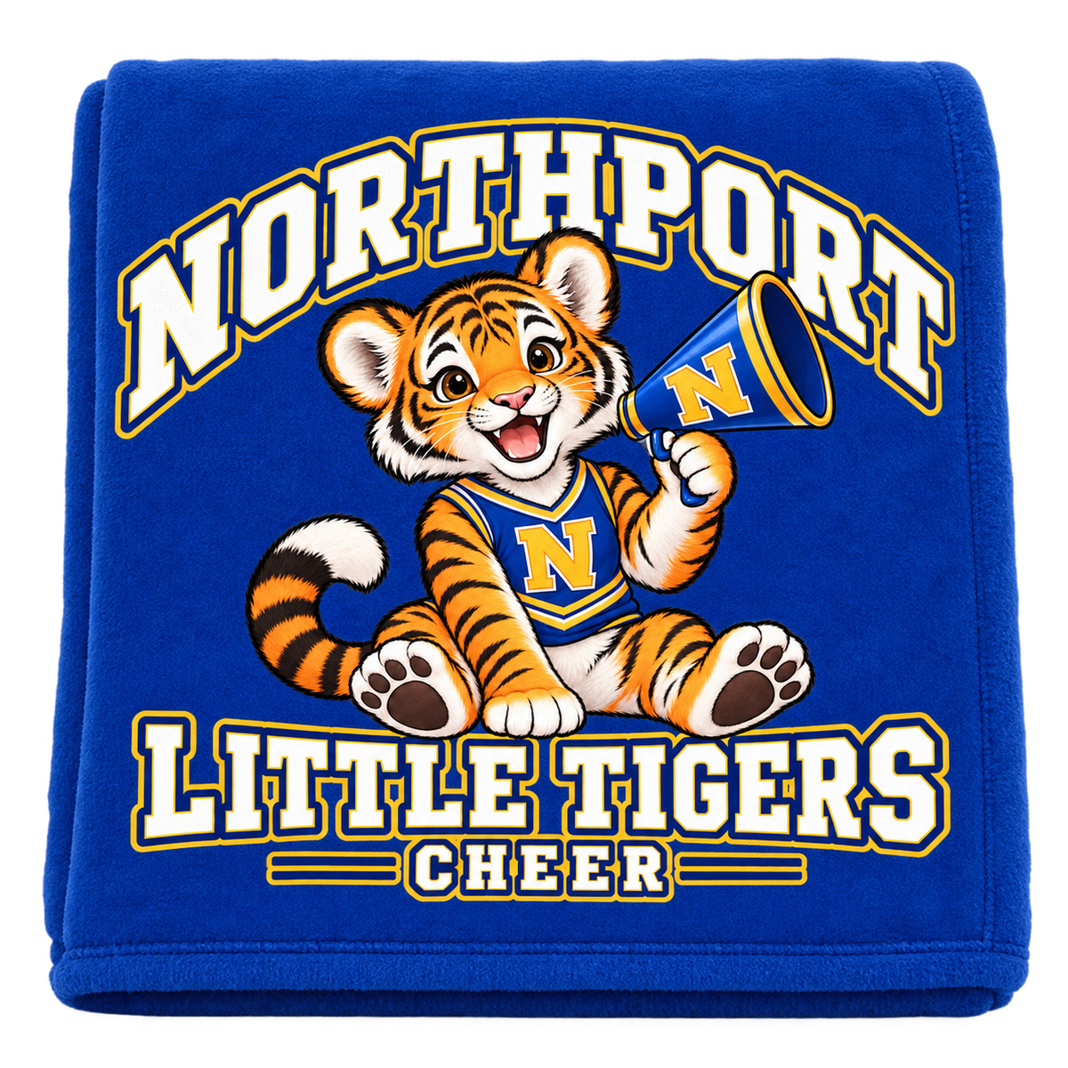 Northport Little Tigers Cheer Fleece Blanket — Royal with collegiate tiger artwork and N megaphone