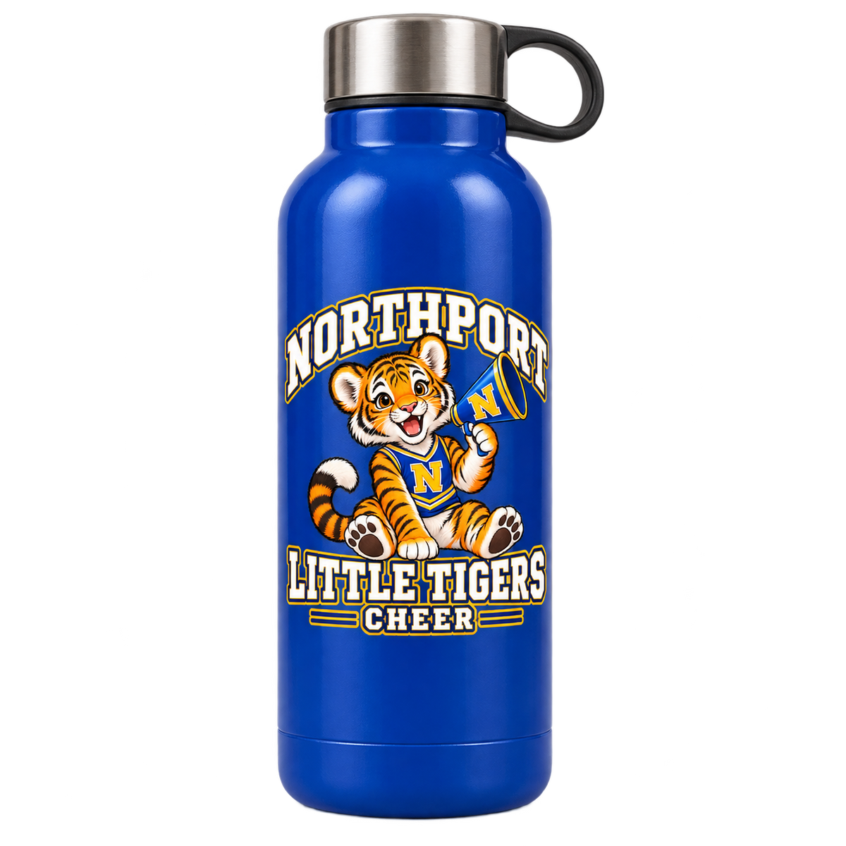 Northport Little Tigers Cheer 20 oz Water Bottle — Royal with collegiate tiger artwork and N megaphone