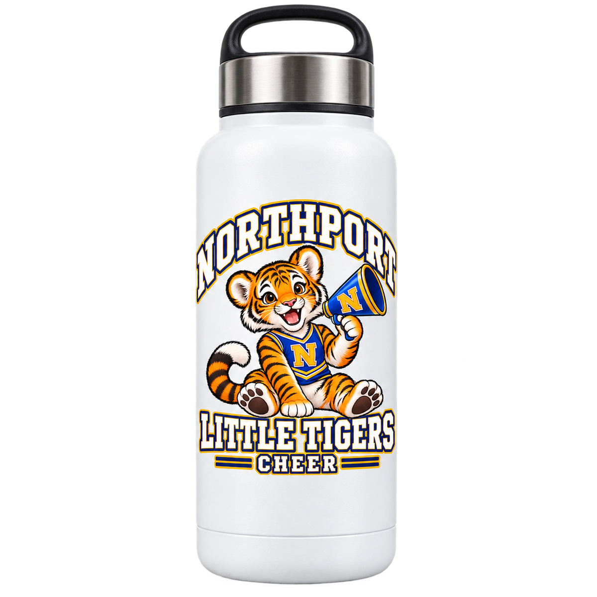 Northport Little Tigers Cheer 20 oz Water Bottle — White with collegiate tiger artwork and N megaphone