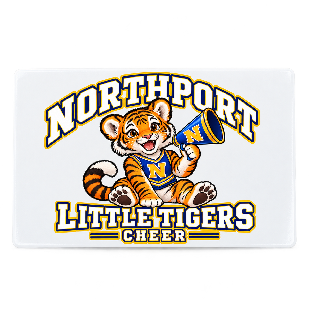Northport Little Tigers Cheer Bumper Sticker — White with collegiate tiger artwork and N megaphone