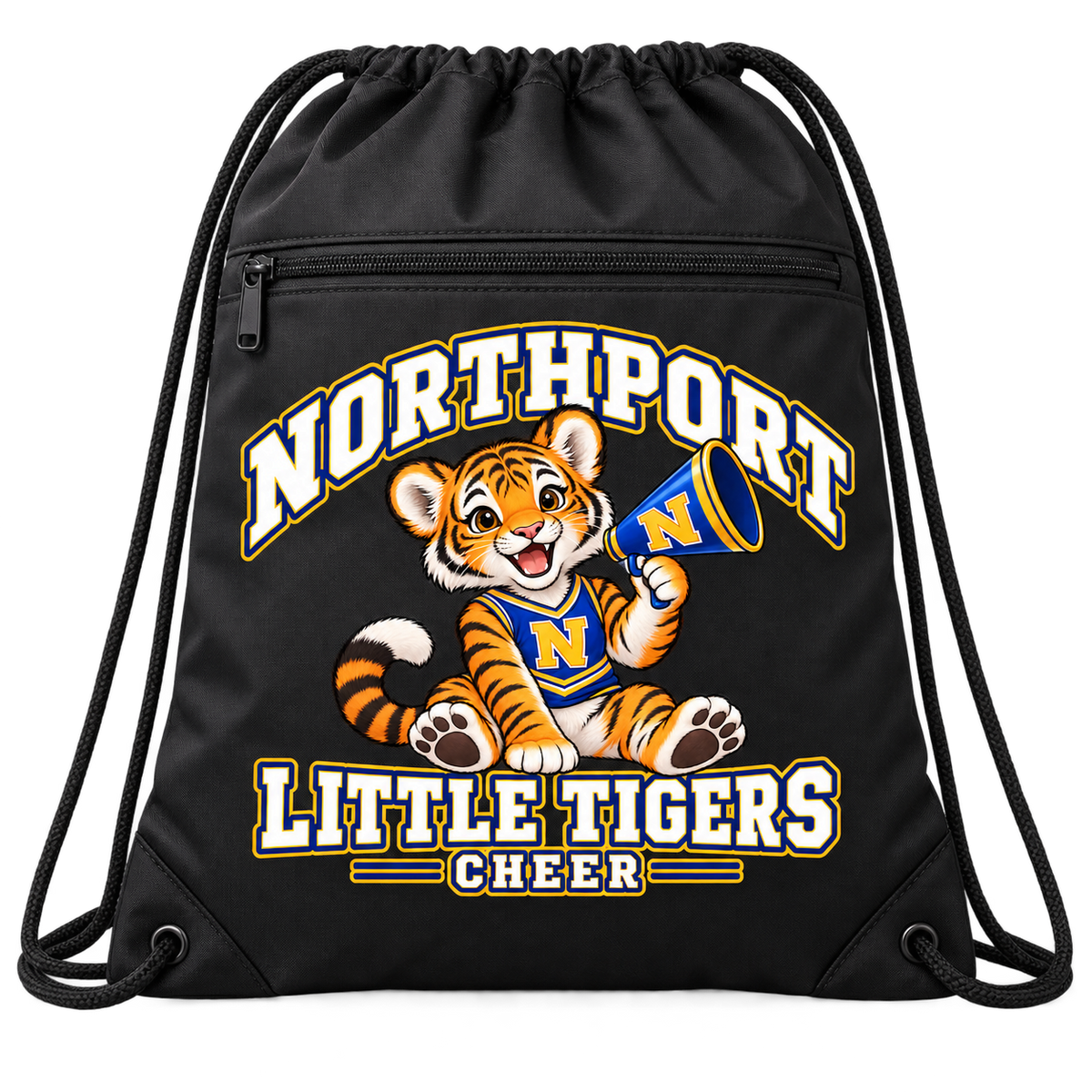 Northport Little Tigers Cheer Zip-Pocket Drawstring Bag — Black